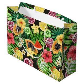 Tropical mix-fruit, flowers and leaves on black large gift bag