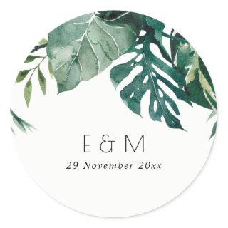 Tropical Monstera Foliage Green Monogram Wedding Classic Round Sticker