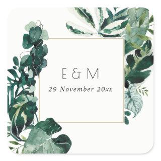 Tropical Monstera Green Foliage Monogram Wedding Square Sticker