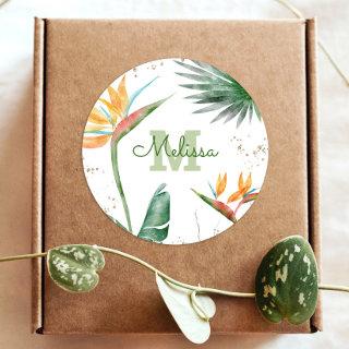 Tropical Palm Modern Monogram Script Gold Glitter Classic Round Sticker