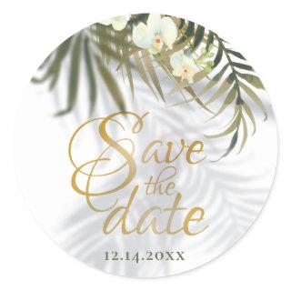 Tropical Palm & Orchid Shadows Gold Save The Date Classic Round Sticker