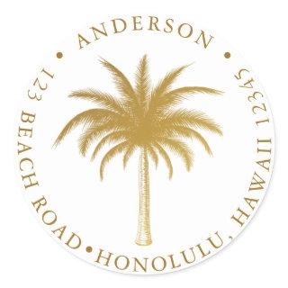 Tropical Palm Tree Modern Gold Return Address Classic Round Sticker