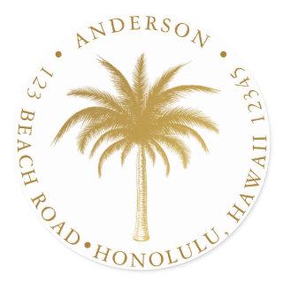 Tropical Palm Tree Modern Gold Return Address Classic Round Sticker