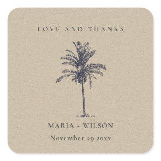 Tropical Palm Tree Navy Kraft Wedding Thanks Square Sticker