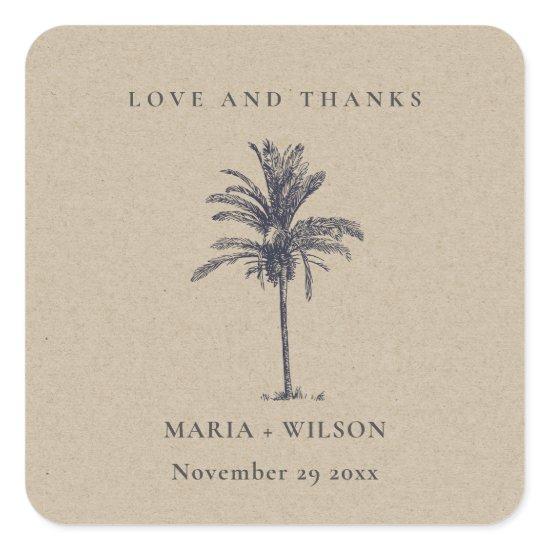 Tropical Palm Tree Navy Kraft Wedding Thanks Square Sticker