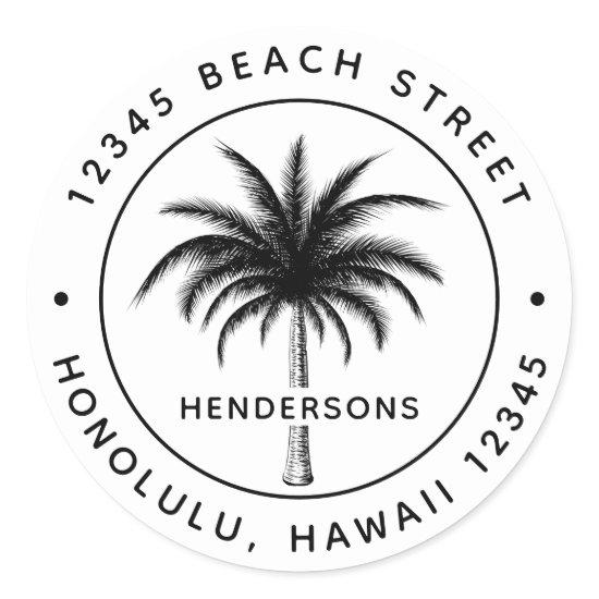 Tropical Palm Tree Round Return Address Classic Round Sticker