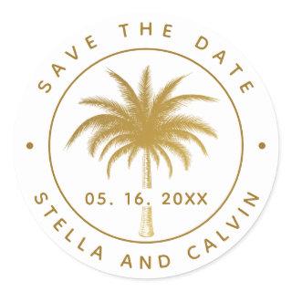 Tropical Palm Tree Save The Date Gold Classic Round Sticker