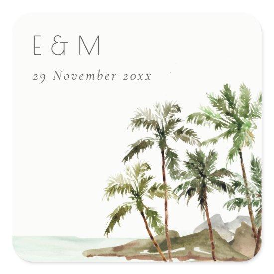 Tropical Palm Trees Beach Sand Monogram Wedding Square Sticker