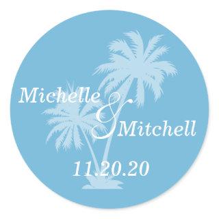 Tropical Palm Trees Wedding Labels (Sky Blue)
