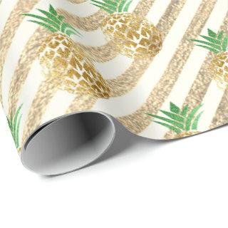 Tropical pineapple leafs green gold stripes white