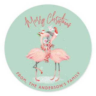 Tropical Pink Flamingo With Santa Hats Christmas Classic Round Sticker