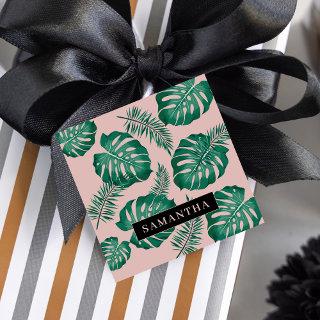Tropical Pink & Green Palm Leaves Pattern & Name Favor Tags