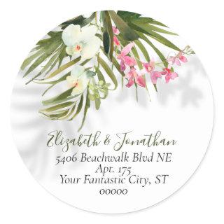 Tropical Pink Orchids & Palms Shadows Address  Classic Round Sticker