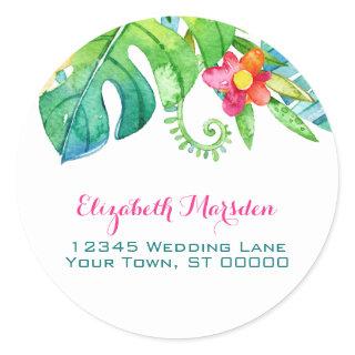 Tropical Pink Teal Floral Return Address Classic Round Sticker