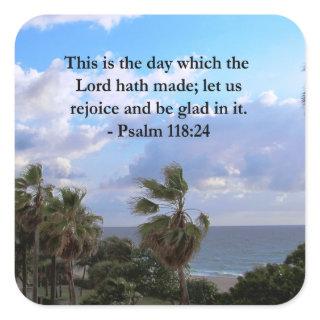 TROPICAL PSALM 118:24 OCEAN AND PALM TREES SQUARE STICKER