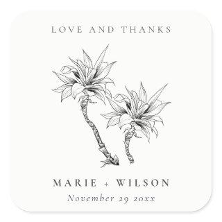 Tropical Rustic Palms Black White Sketch Wedding Square Sticker