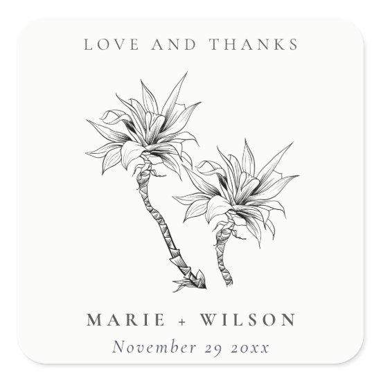 Tropical Rustic Palms Black White Sketch Wedding Square Sticker