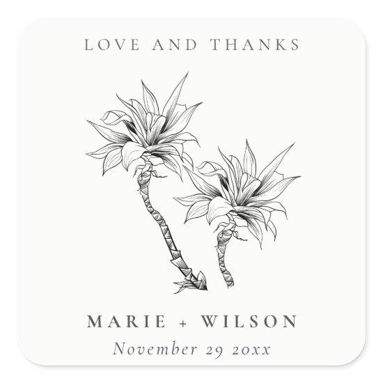 Tropical Rustic Palms Black White Sketch Wedding Square Sticker