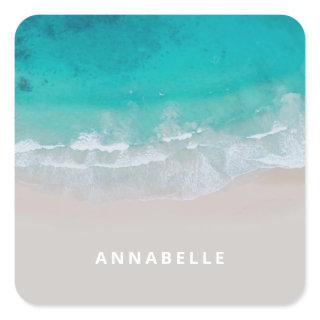 tropical sand beach ocean sunny waves modern  square sticker