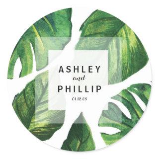 Tropical Sticker, palm tree, Beach Wedding Classic Round Sticker