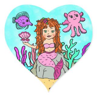 Tropical Under the Sea Red Haired  Mermaid Heart Sticker