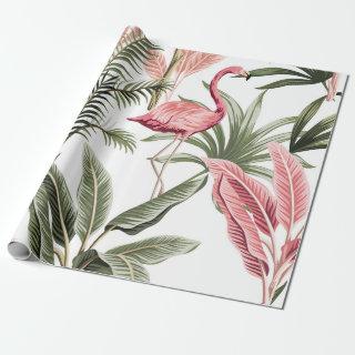 Tropical vintage pink flamingo,  banana trees and