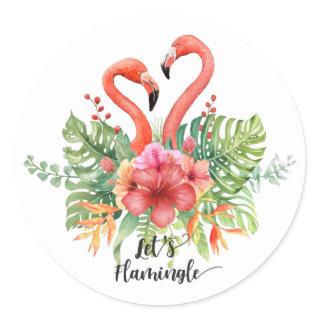 Tropical Watercolor Flamingos & Hibiscus Pun Classic Round Sticker