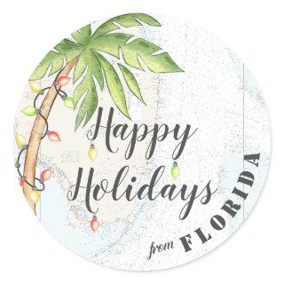 Tropical Watercolor Happy Holidays from Florida  Classic Round Sticker