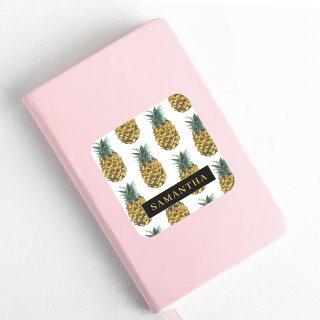 Tropical Watercolor Pineapple Pattern With Name Square Sticker