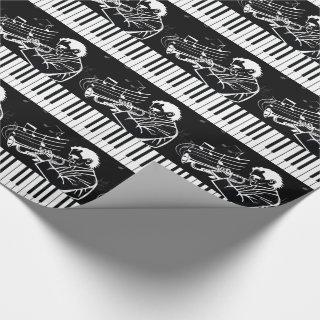 Trumpet Player with Piano Keys and Music