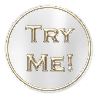 Try Me Champaign Gold Gray Tester Sample Container Classic Round Sticker