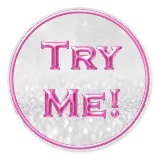 Try Me Glitter Gray Pink Tester Sample Container Classic Round Sticker