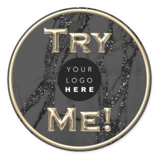 Try Me Logo Gold Tester Sample Container Black Classic Round Sticker