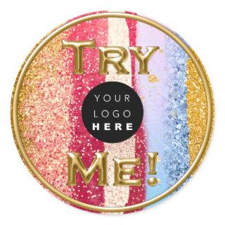 Try Me Logo Gold Tester Sample Container Glitter Classic Round Sticker