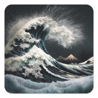 Tsunami wave in the glow of moonlight. square sticker