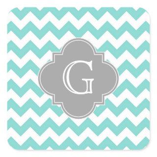 Turq / Aqua White Chevron Gray Quatrefoil Monogram Square Sticker