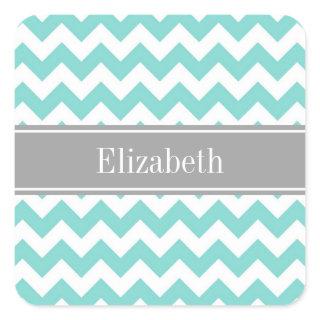 Turq / Aqua Wht Chevron Gray Name Monogram Square Sticker