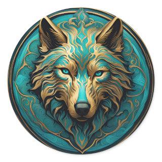 Turquoise and Gold Wolf Classic Round Sticker