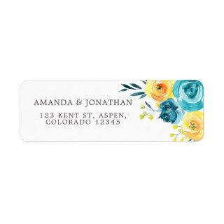 Turquoise and Yellow Watercolor Floral Wedding Label