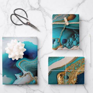 Turquoise Aqua Blue Gold Gemstone Acrylic Pour Art  Sheets