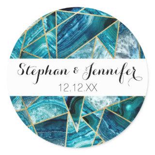 Turquoise Blue Agate Black Gold Geometric Triangle Classic Round Sticker