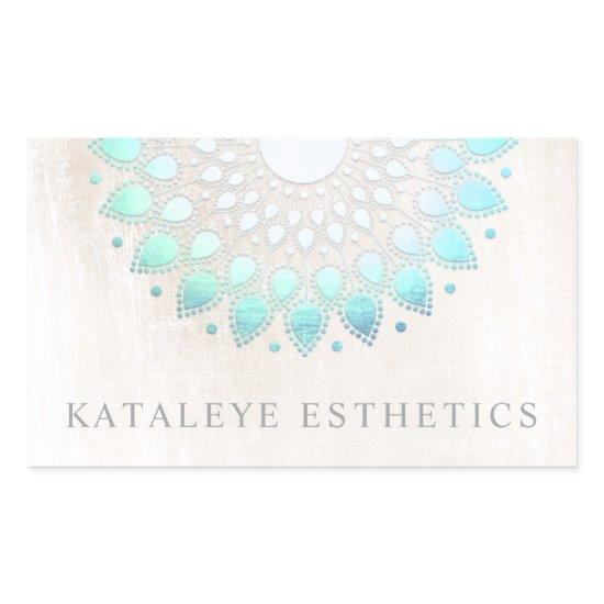 Turquoise Blue Lotus Mandala Brushed White Marble Rectangular Sticker
