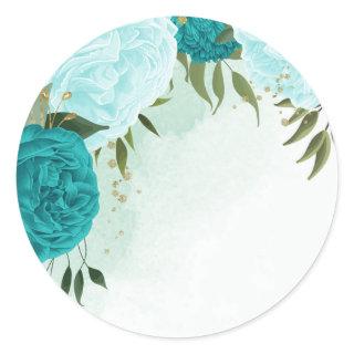 turquoise flowers green leaves wedding classic round sticker