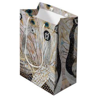 Turquoise Gold White Peacocks Medium Gift Bag