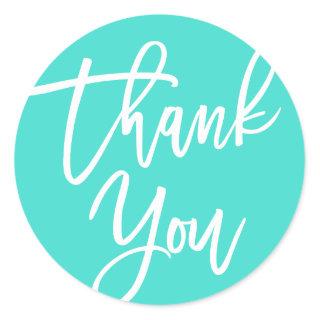 Turquoise Modern Calligraphy Thank You Classic Round Sticker
