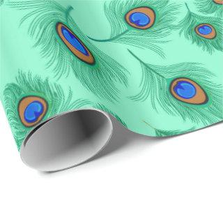 Turquoise Peacock Feathers on Light Aqua