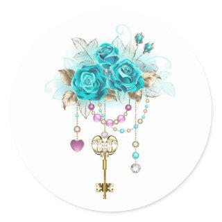 Turquoise Roses with Keys Classic Round Sticker