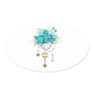 Turquoise Roses with Keys Oval Sticker