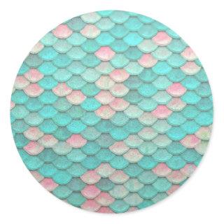 Turquoise Shiny Fish Scales Effect Pattern Classic Round Sticker