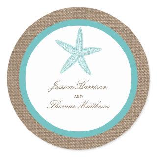 Turquoise Starfish Burlap Beach Wedding Collection Classic Round Sticker